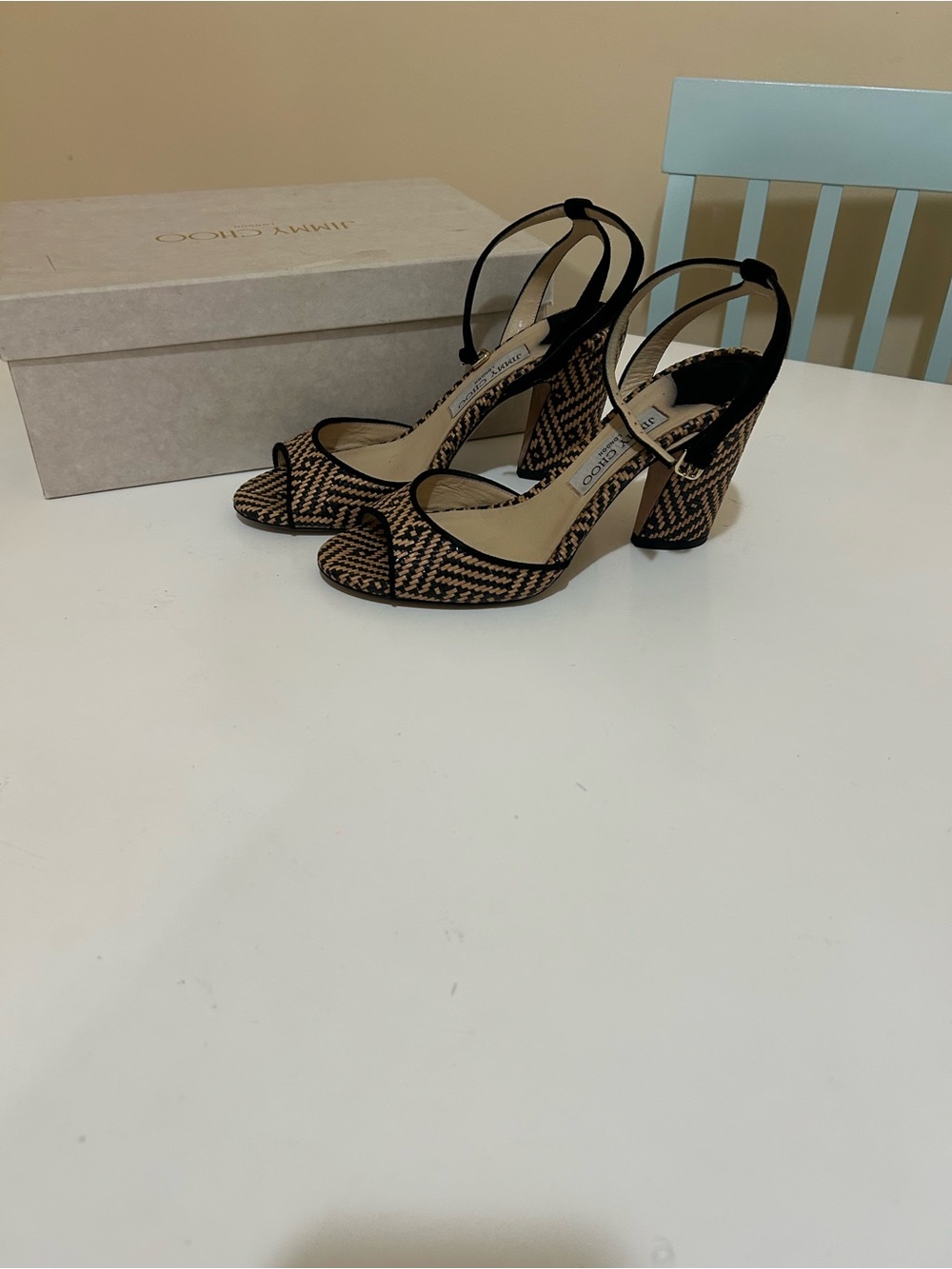 Jimmy Choo Black & Tan Woven Slingback Block Heels